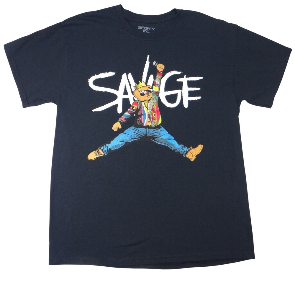 3FORTY‎ INC Mens Graphic T Shirt L Black SAVAGE Bear Michael Jordan Jump Man